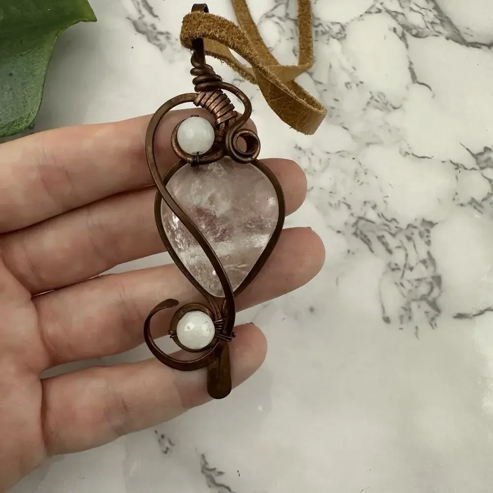 Hand Made Copper Pendant Necklace Quartz Stone Leather Cord Boho